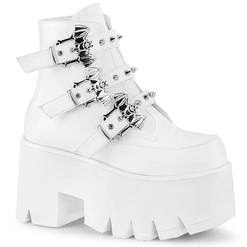 Demonia Ashes-55 Women's Size 8 White Vegan Leather Platform Bat Buckle Boots
